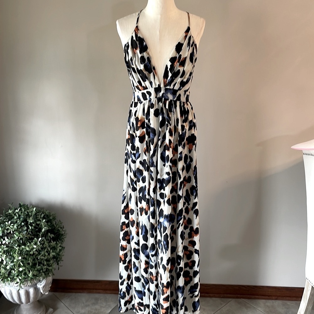 SHEIN all over print long FULL skirt dress criss cross open back DEEP V front 10 - Picture 5 of 15